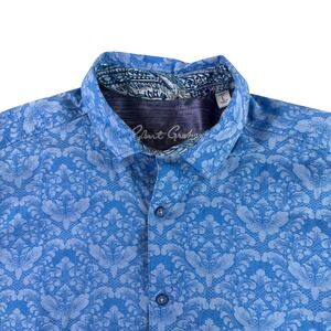 Robert Graham Button Front Shirt Mens L Blue Paisley Damask Short Sleeve
